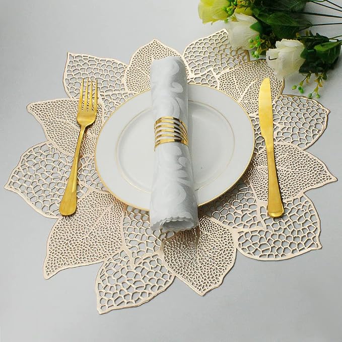 Gold Round Placemats for Dining Table Set of 6 Pressed Vinyl Metallic | 18in - Image 3