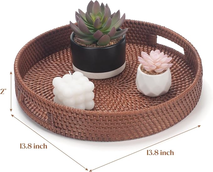13.8 inch Round Rattan Tray, Decorative Coffee Table Tray, Ottoman Trays - Image 4