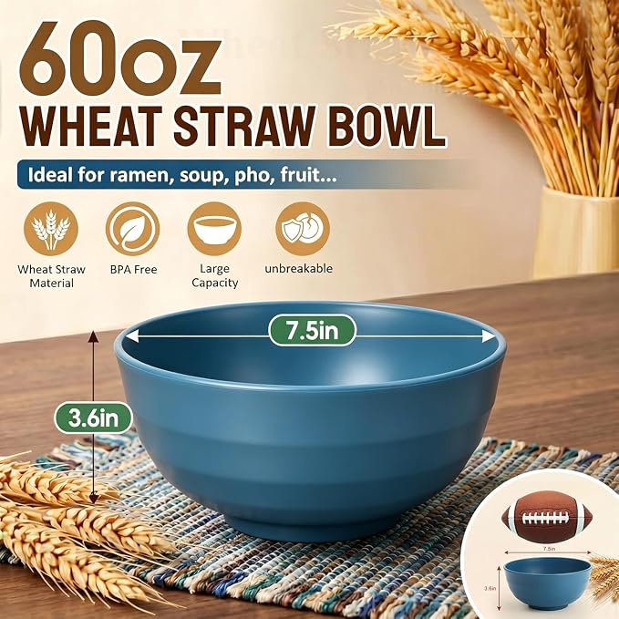 60oz Wheat Straw Bowls Sets of 8, Unbreakable & Stackable Ramen Bowl, Microwave - Image 2
