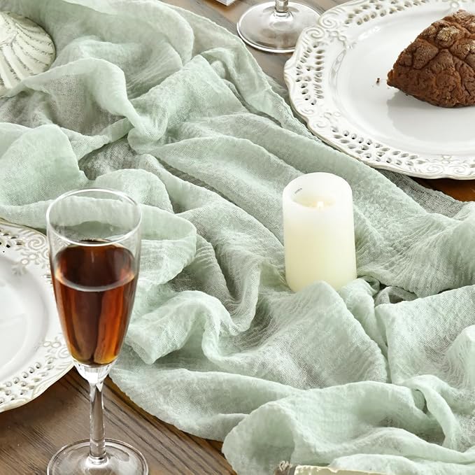 Artoid Mode Boho Cheesecloth Gauze Sage Green Wedding Table Runner, 160 Inch - Image 6