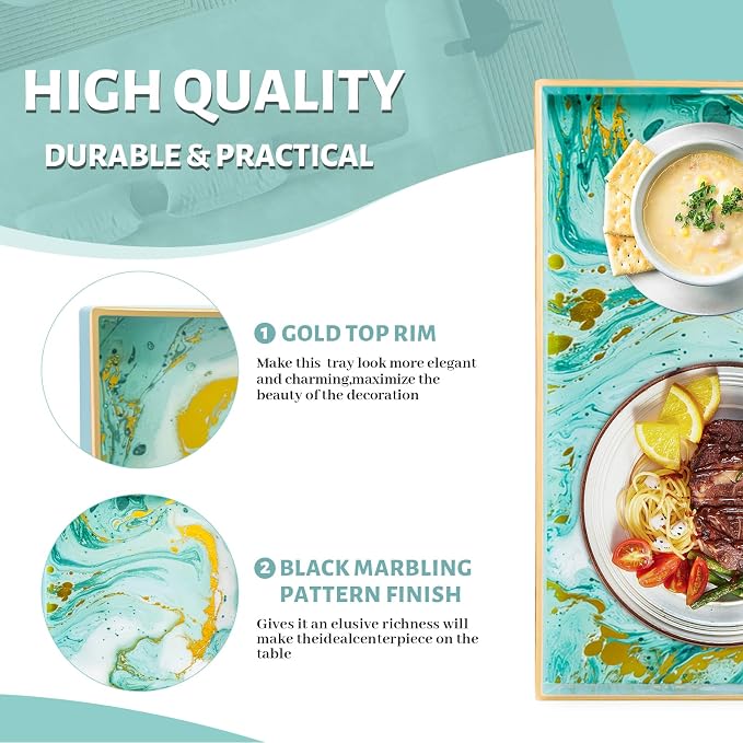 Turquoise Serving Tray with Handles, Plastic Decorative Tray | Green Coffee - Image 4
