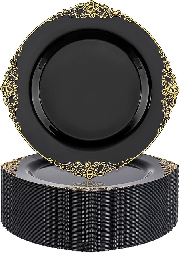 Nervure 100Pcs 10.25'' Black Plastic Plates, Party Plates by Nervure