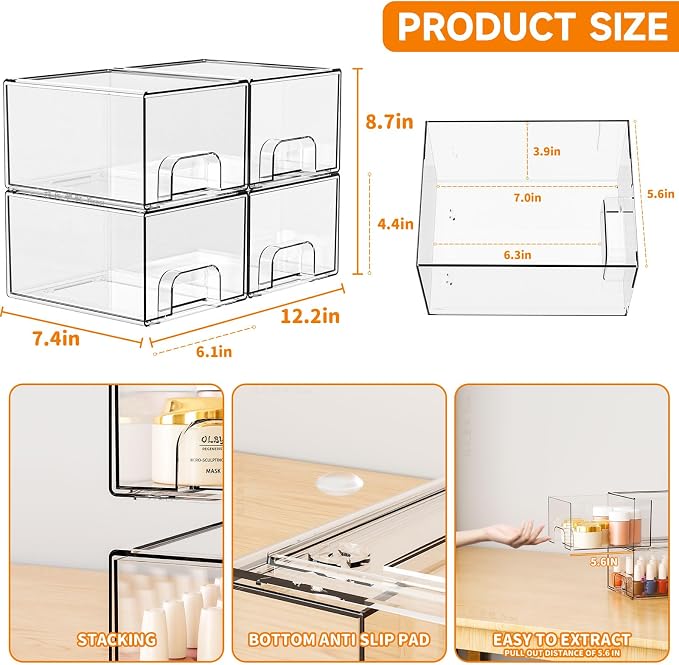 4 Pack Clear Stackable Storage Drawers, 4.4'' Tall Acrylic Drawer Containers - Image 3