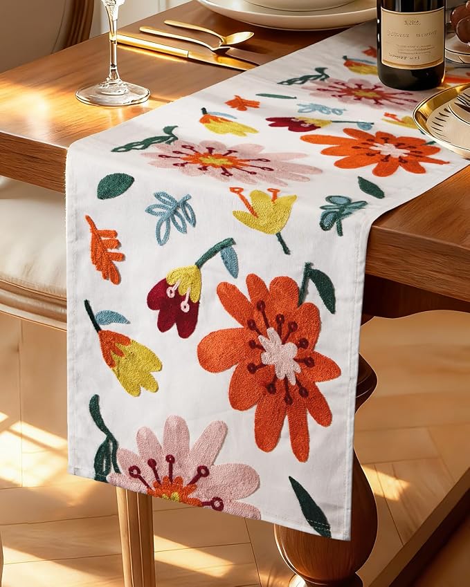 Canvas Embroidered Narrow 13"x 108" Table Runner, Colorful Flower | Exquisite by Kokaaee