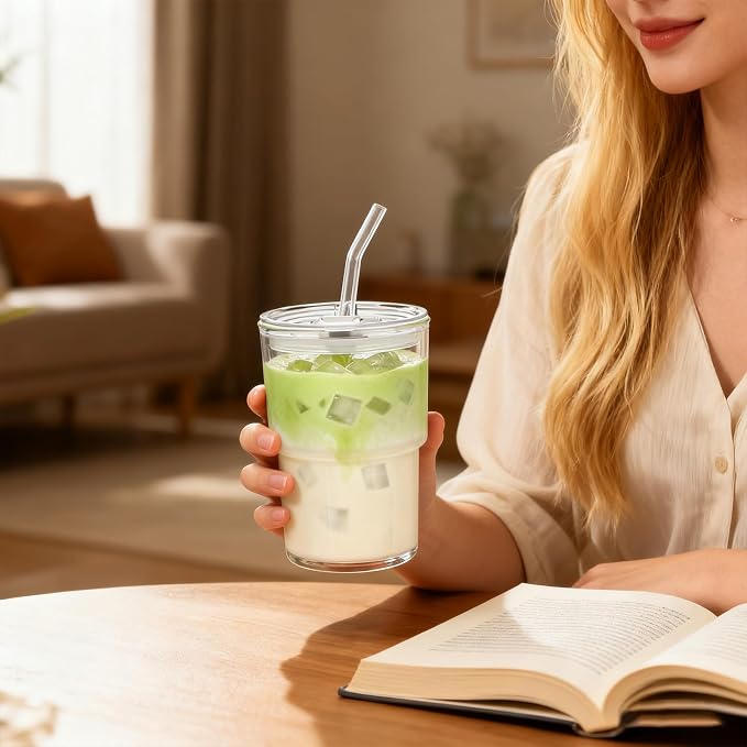 13oz Glass Tumbler with Straw and Lid, Leak Proof Iced Coffee Cup, Thick Wall - Image 2