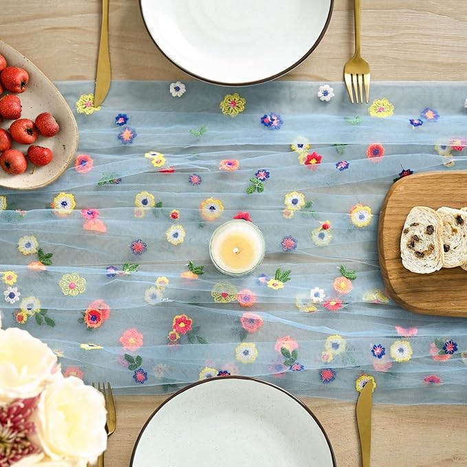 Artoid Mode Blue Embroidery Daisy Gauze Table Runner 120 Inch 10FT | Seasonal - Image 2