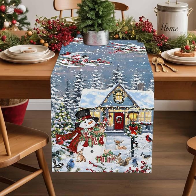 Merry Christmas Table Runner 70 Inches Long, Xmas Trees Snowman Snowflake Table - Image 2