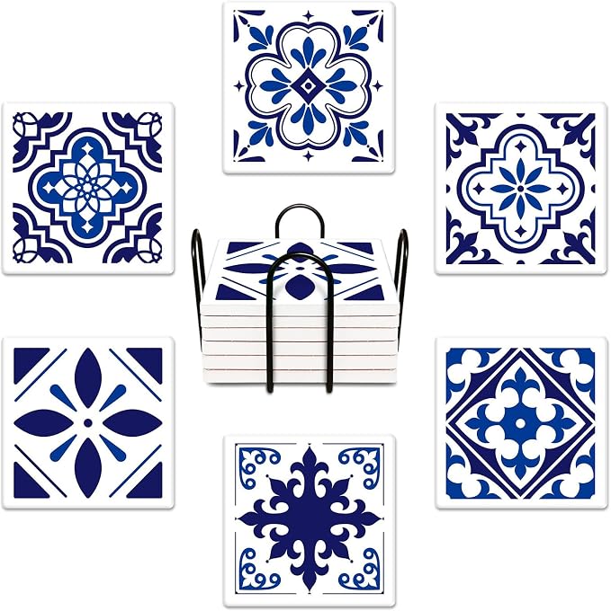 Navy Blue Tile Coasters for Drinks, Ceramic Stone | Geometric Abstract by BRIBAY