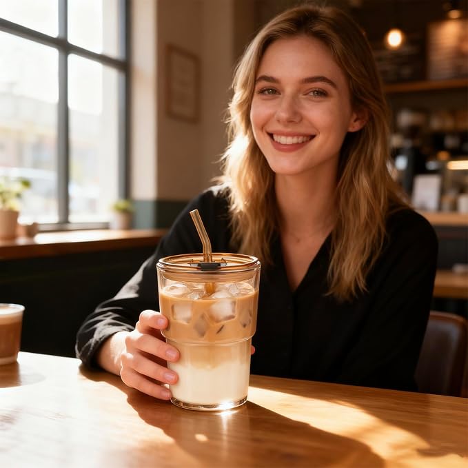 13oz Glass Coffee Tumbler with Straw and Lid, Reusable Iced Coffee Cups - Image 2