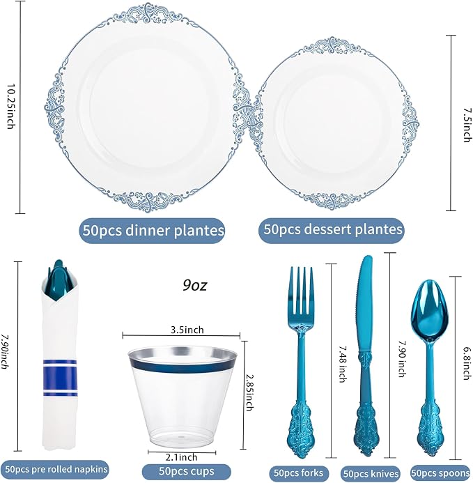 350pcs Clear Blue Plastic Plates - Image 5