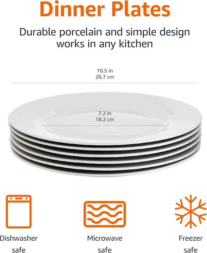 Amazon Basics 6-Piece White Dinner Plate Set, Microwave and Dishwasher Safe - Image 2