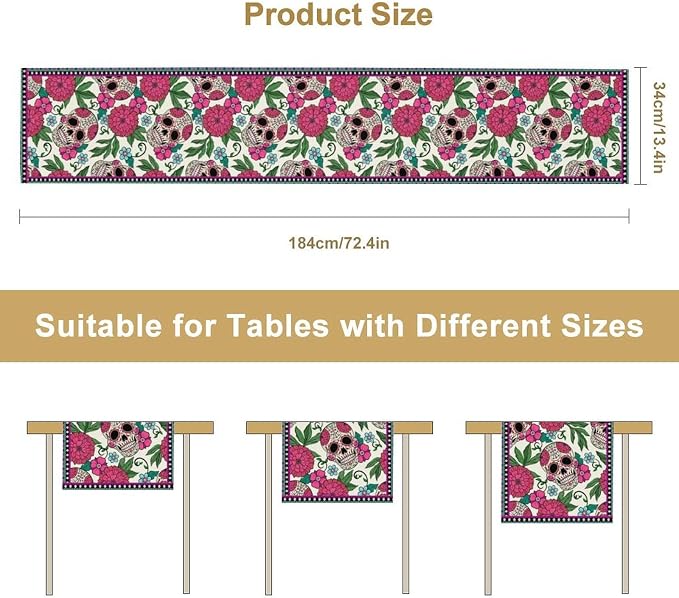 Dia De Los Muertos Table Runner Red Floral Cinco De Mayo Rustic Linen Mexican - Image 3