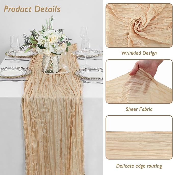 8 Pack Sand Cheesecloth Table Runner 120 Inch Boho Wedding Decor | Cheesecloth - Image 3