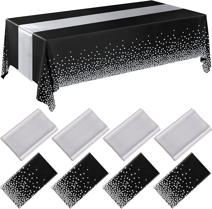 8 Pack Black and Silver Disposable Plastic Tablecloths and Satin Table Runner by Breling