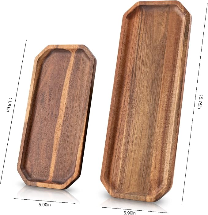 Set of 2 Solid Acacia Wood Serving Trays 16" and 12" Rectangular Wooden Serving - Image 5