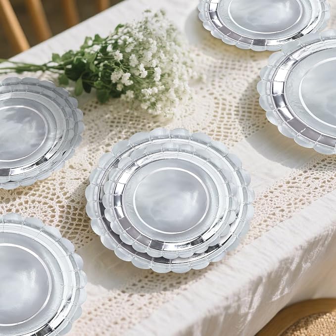 50 Pcs Silver Scalloped Paper Plates 25 × 7'' and 25 × 9'' Disposable Silver - Image 7