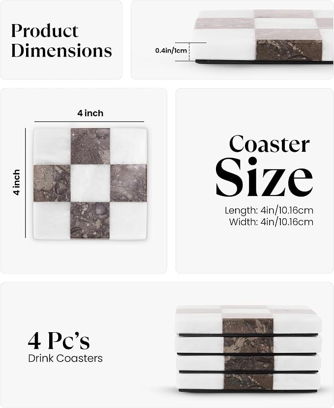 Marble Coasters Set of 4, Square Drink Checkered Coasters - Image 5