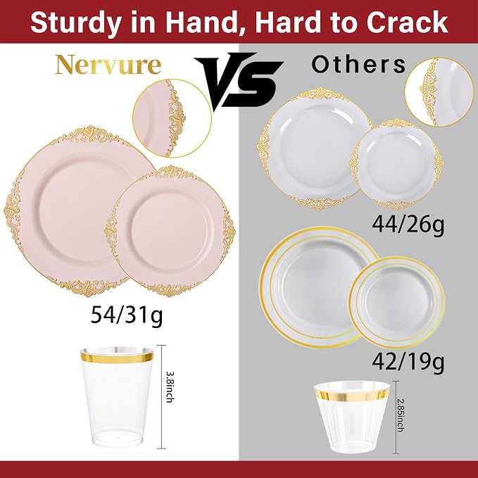 Nervure 350Pcs Pink Plastic Plates, Plastic Dinnerware Set - Image 8