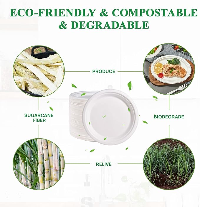 Vplus 500 Pack Compostable Bagasse Paper Plates 9 inch, 100% Bagasse, Natural - Image 4