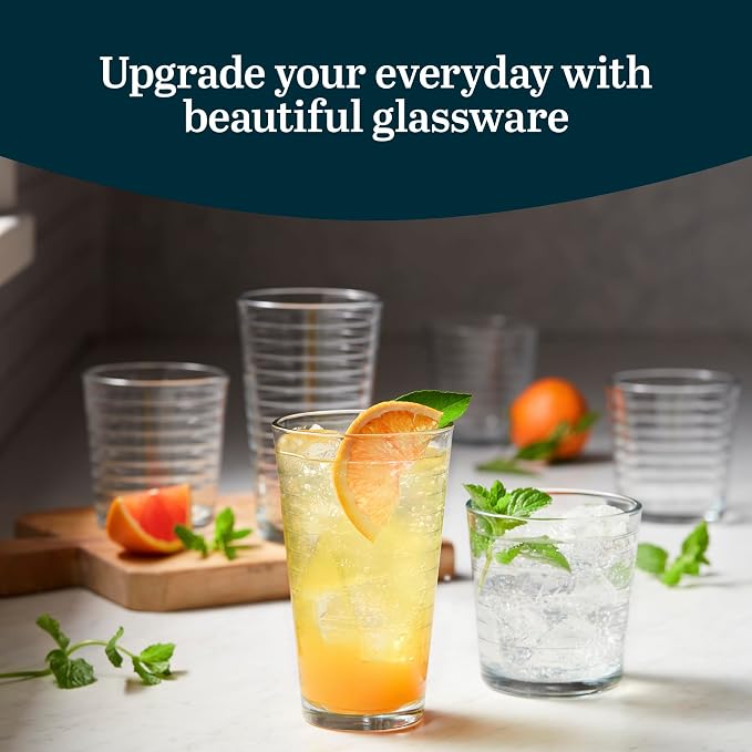 Libbey Hoops Tumbler and Rock Glass Set, Two Sized Nostalgic Retro Glass Cups - Image 2