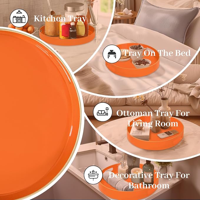 13" Orange Decorative Tray, Plastic Round Serving Tray - Image 7