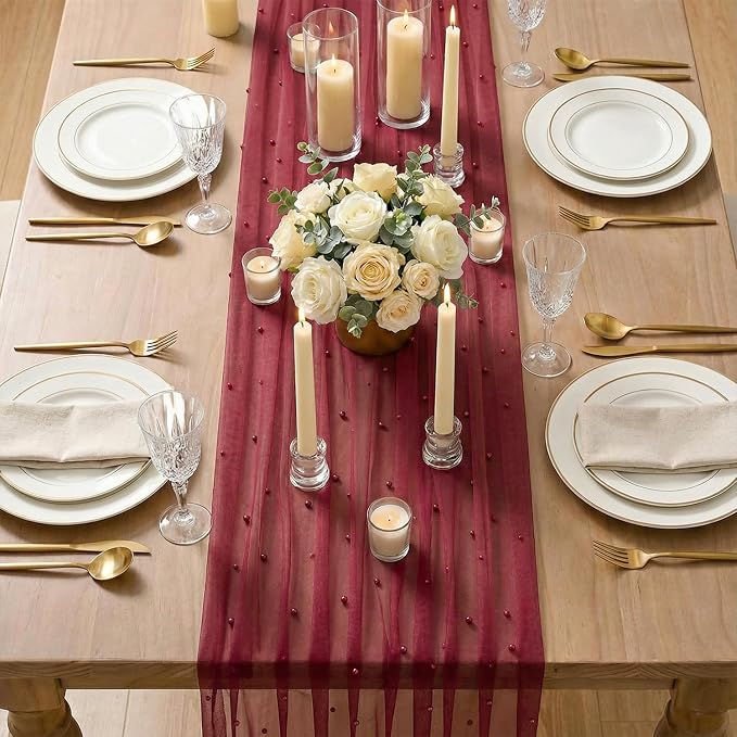 Artoid Mode Pearl Burgundy Gauze Table Runner 120 Inch 10FT, Seasonal Sheer - Image 3