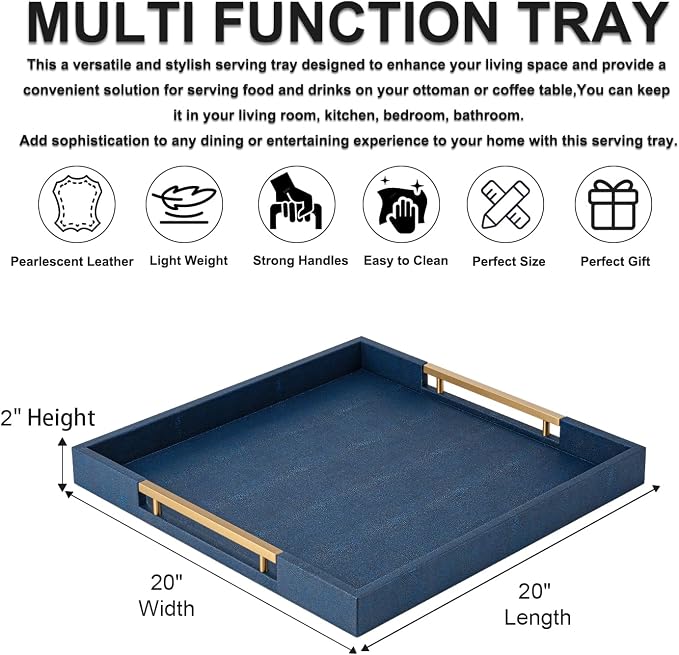 Navy Blue Faux Leather Large Square Decorative Serving Tray - Image 4