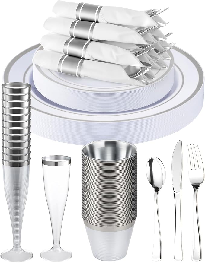 200 PCS Silver Dinnerware Set, Party Plastic Plates by GoodLuck