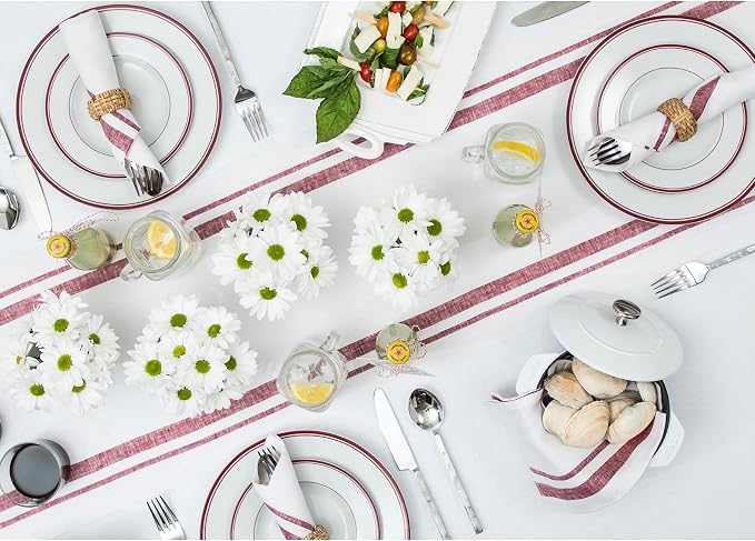 Solino Home 100% Linen Table Runner, 14 x 90 in, Burgundy and White Striped | - Image 3