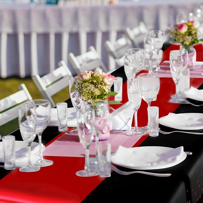 8 Pack Black and Red Disposable Plastic Tablecloths and Satin Table Runner Set - Image 5