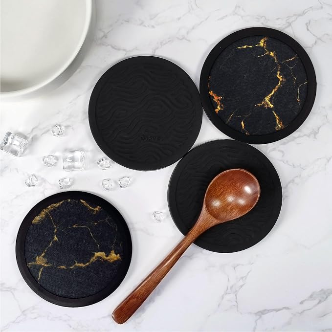 Set of 4 Black Silicone Coasters, Double-Sided Absorbent Felt & Non-Slip Cup - Image 7