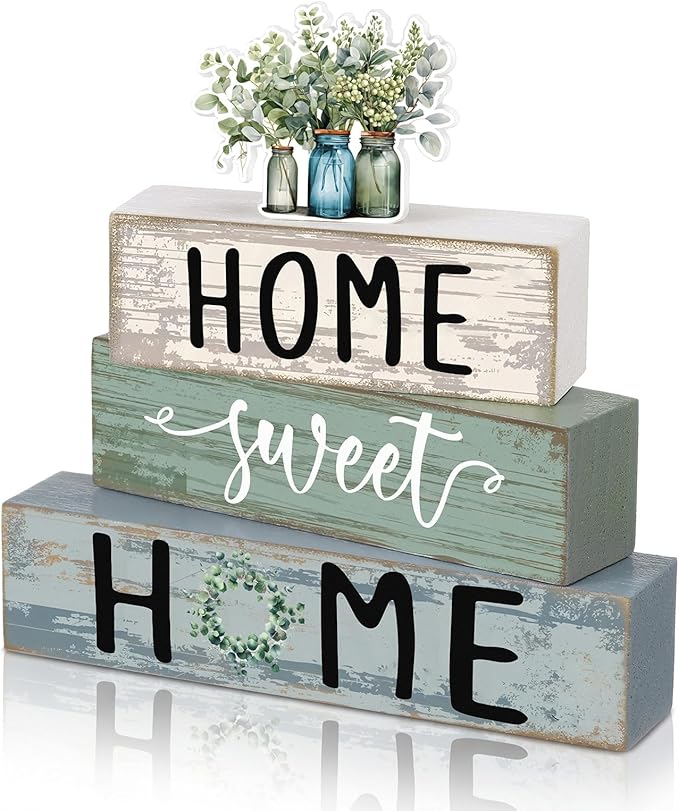 Cinnvoice 4 Pcs Spring Eucalyptus Mason Jar Wooden Block Decor Farmhouse Tiered by Cinnvoice