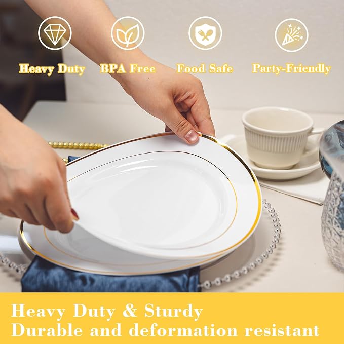 100PCS White & Gold Plastic Plates Disposable, 10.25" Heavy Duty Plates | - Image 3