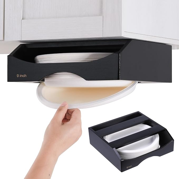 9-inch Paper Plate Dispenser Under Cabinet, Bamboo Paper Plate Holders by CKIU