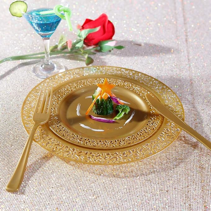 102 PCS Brown Gold Plastic Plates, Lace Design Disposable Plates, BPA Free - Image 3