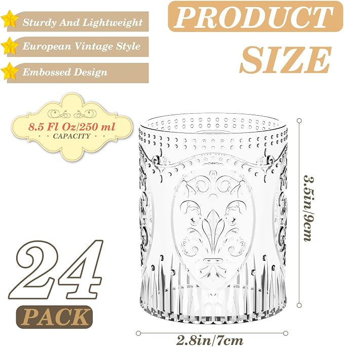 Qinyoung 24 Plastic Vintage Drinking Glasses 8.5oz Stemless Retro Embossed Wine - Image 2