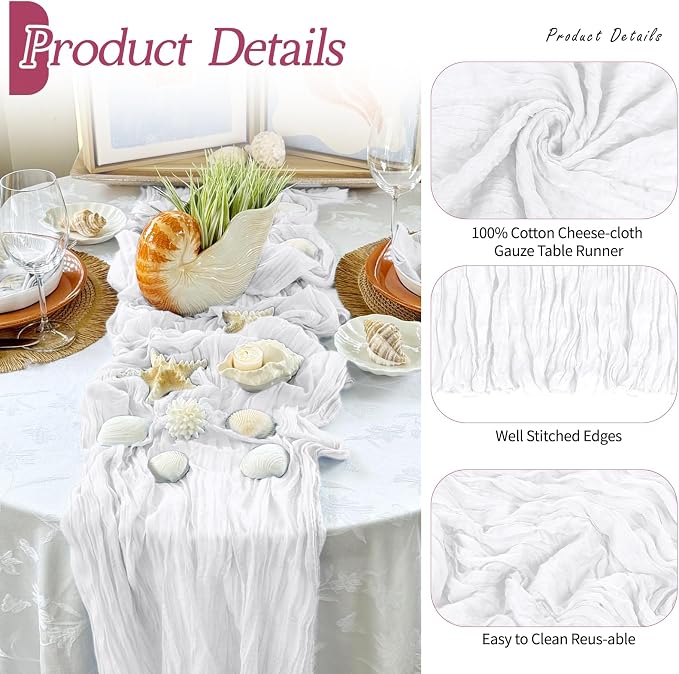 3 Pack White Cheesecloth Table Runner 17x108 Inch Semi Sheer Boho Gauze Cheese - Image 5