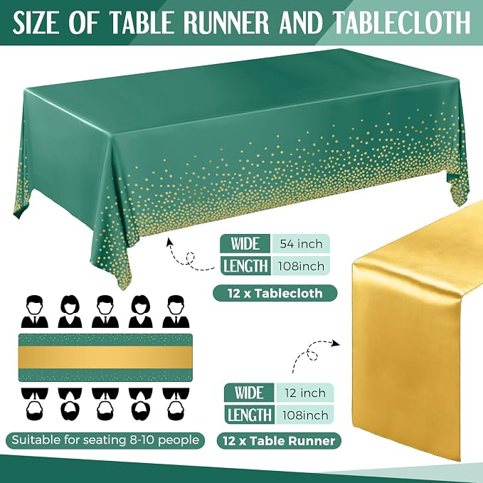 24 Pack Green and Gold Disposable Plastic Tablecloths and Satin Table Runner Set - Image 2
