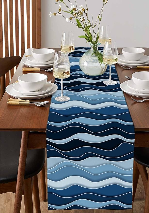 Abstract Blue Moire Table Runners 70 Inches Long, Cotton Linen Fabric Table - Image 2