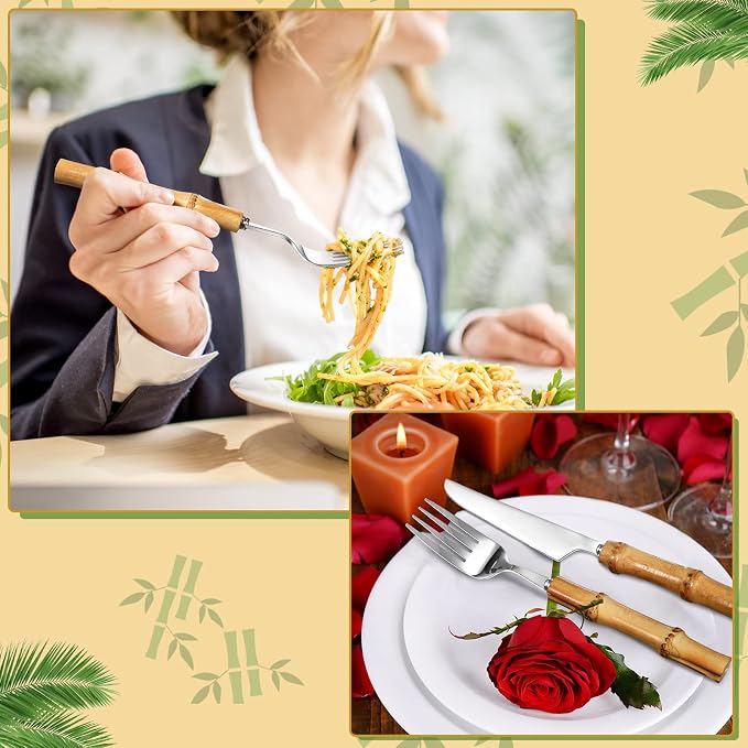 Eboot Bamboo Silverware Set 18/8 Stainless Steel Tableware Set Natural Utensil - Image 5