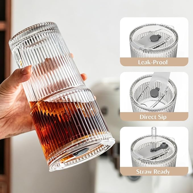 INSETLAN 20 oz Ribbed Glass Tumblers - Image 5