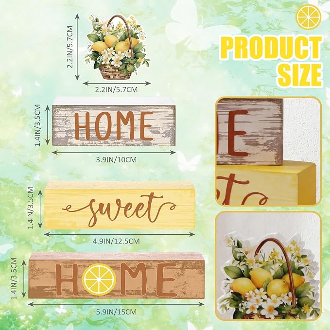 Cinnvoice 4 Pcs Summer Lemon Wooden Tabletop Decor Yellow Lemon Rustic Tiered - Image 3