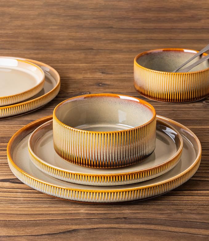 Ceramic Dinnerware Set for 4, 12-Piece Plates and Bowls Set | Lightweight - Image 4