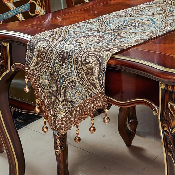 Luxury Vintage Design Table Runner 120 inches Long Embroidery Jacquard Fabric by LUFEIJIASHI