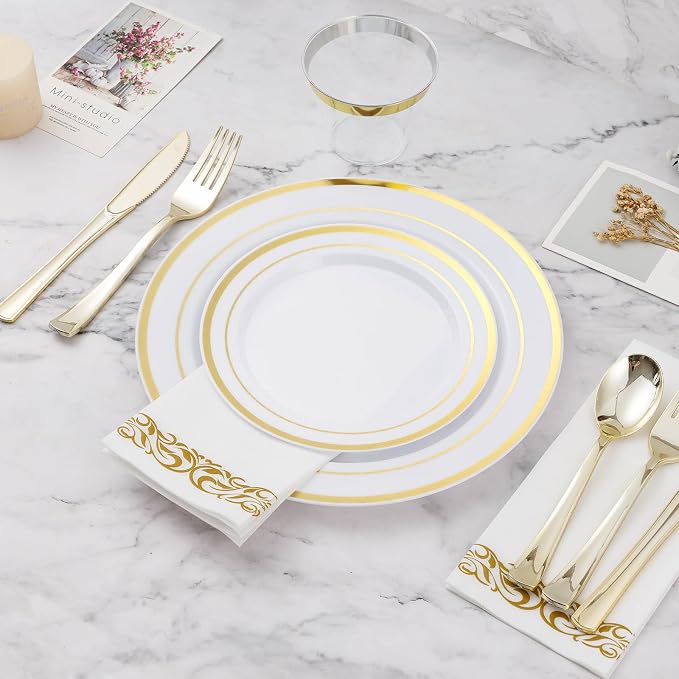 BESTVIP 175 PCS Disposable White and Gold Plastic Plates - Image 5