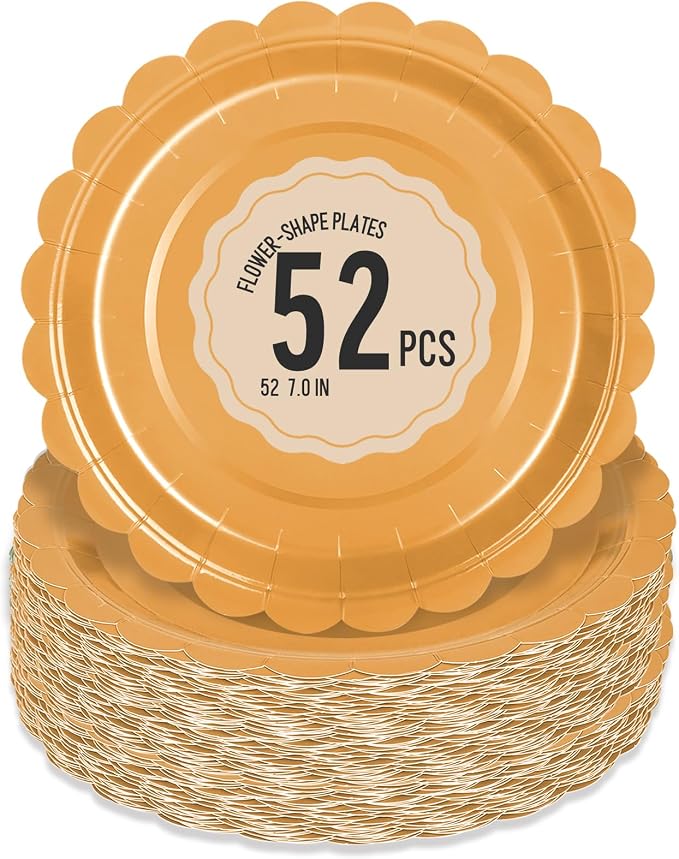 52 Pcs Orange Paper Plates 7 Inch Scalloped Dessert Plates by Polinook-TheAnswerToEveryClutteredSpace