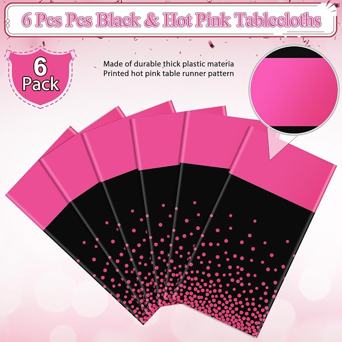 3Pcs Black Hot Pink Tablecloth Party Decorations, Plastic Black Table Cloth - Image 4