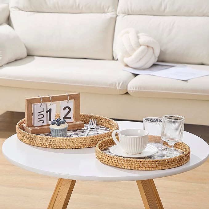Round Rattan Tray with Mother of Pearl Inlay, Rattan Serving Tray with Wooden - Image 4