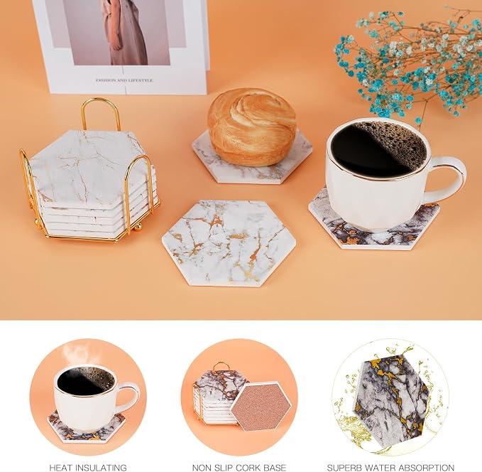 Gold Marble Coasters, Geichan Ceramic Bar Coasters Cute Dining Coffee Table - Image 2