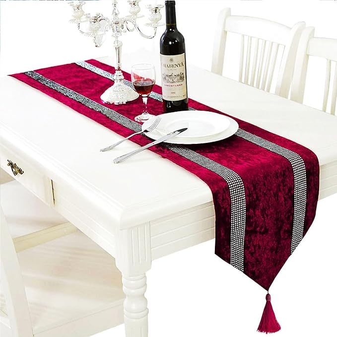 Glam Burgundy Table Runner, Bling Sequin Rhinestone, Ombre Velvet, Double-Layer by Jiino